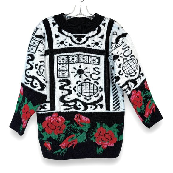 Vintage knitted Sweater Funky 80s unique rare retro vintage floral zodiac Medium - Picture 1 of 8